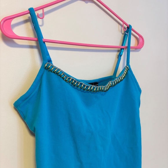 Moda International Y2K 2000s Beaded Neckline Built In Bra Cami Tank Top Blue L - Picture 2 of 6